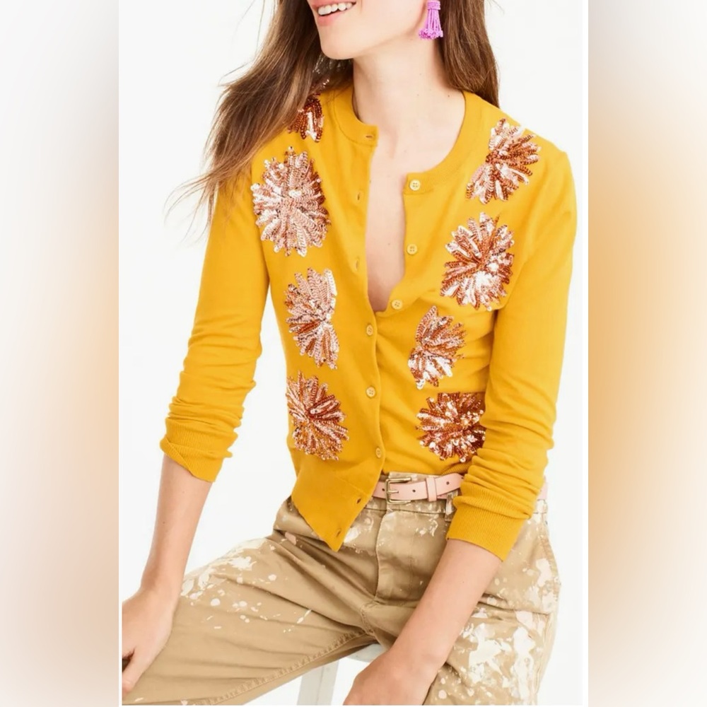 J. Crew Yellow Cardigan with Pink Sequins